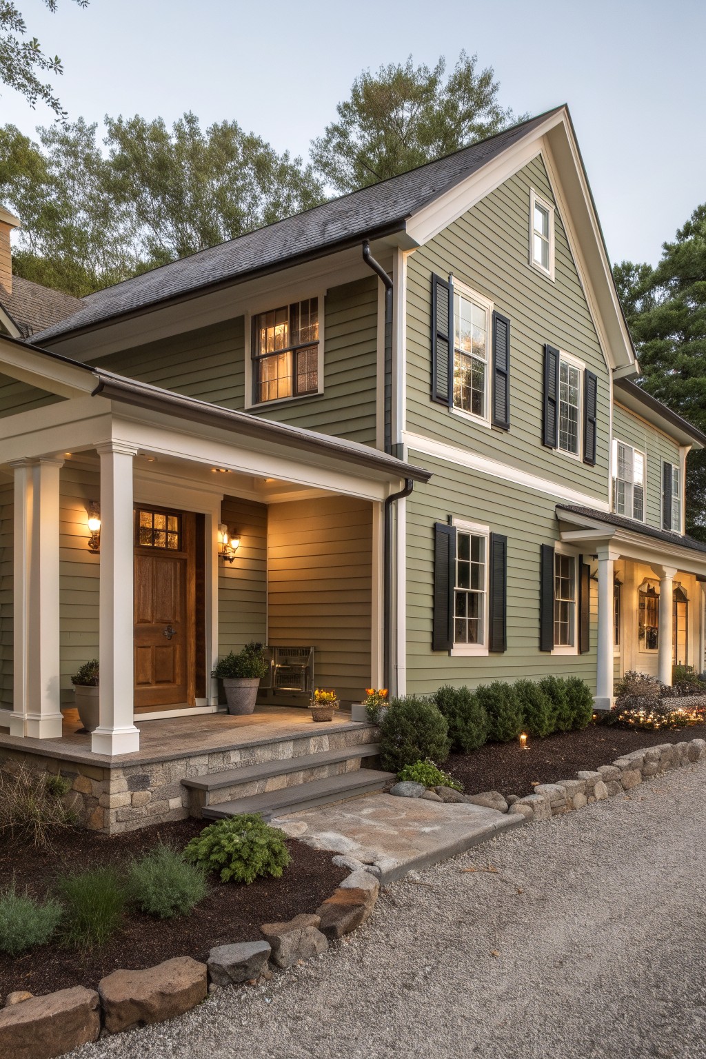 A two-story farmhouse with soft sage green siding and white trim.