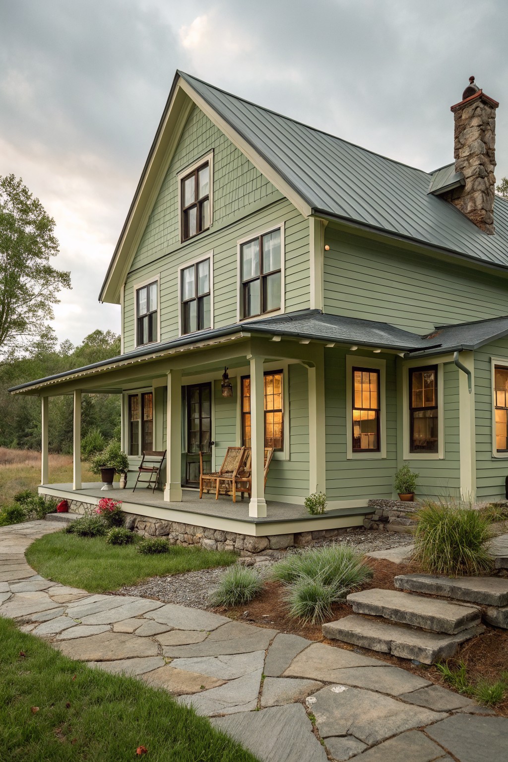A farmhouse exterior painted in soft sage green siding with stone accents.