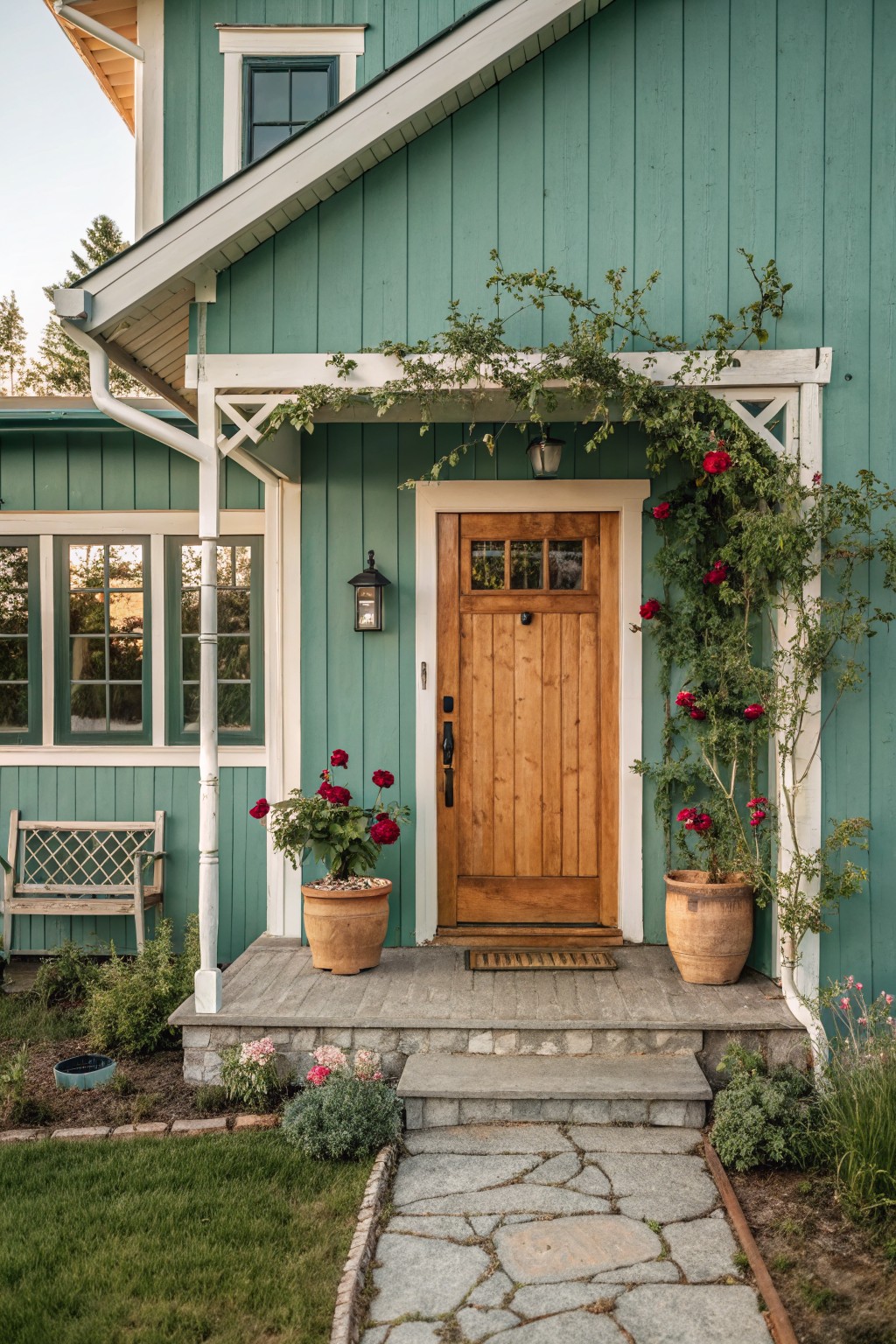 A farmhouse exterior painted in soft teal green with white trim and a wooden front door.