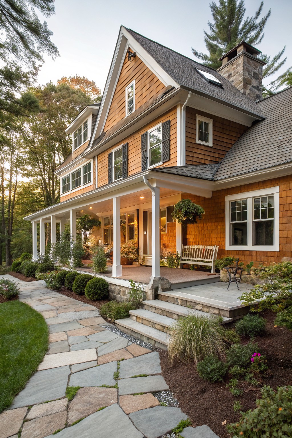 A rustic farmhouse exterior with warm brown wood siding and stone details.