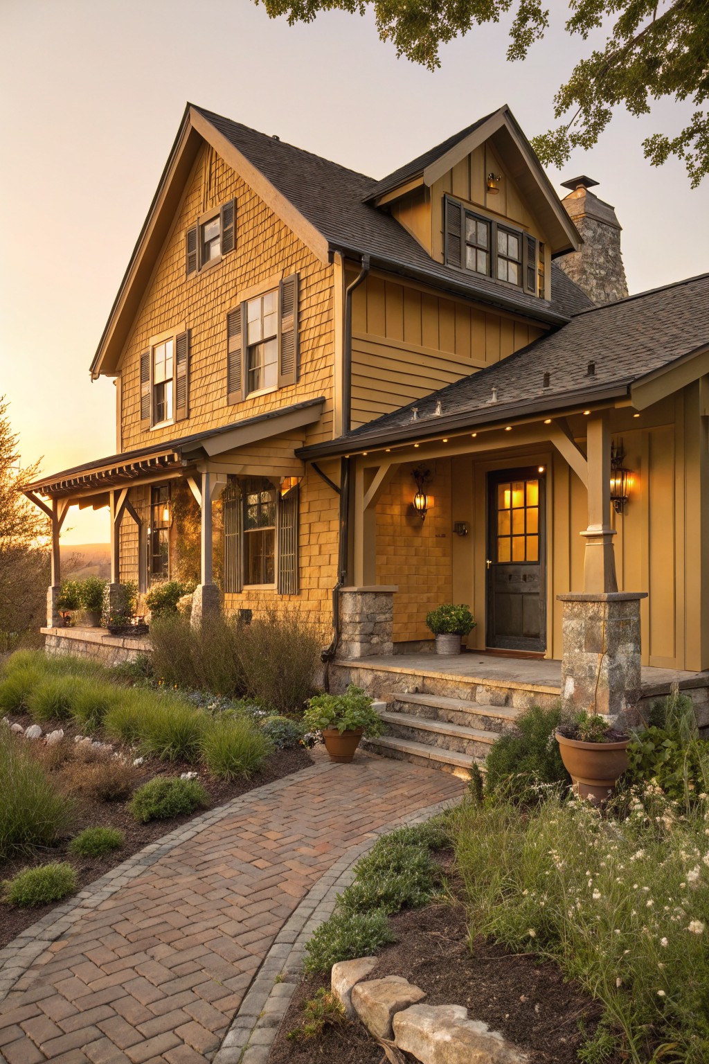 A rustic farmhouse exterior with warm golden yellow siding.