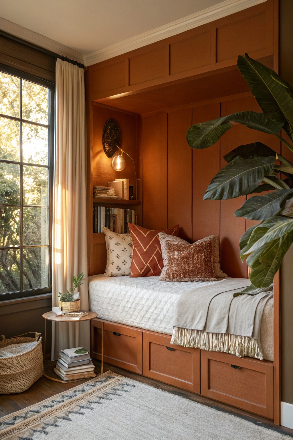 A bedroom alcove painted in deep terracotta with built-in wood cabinetry.