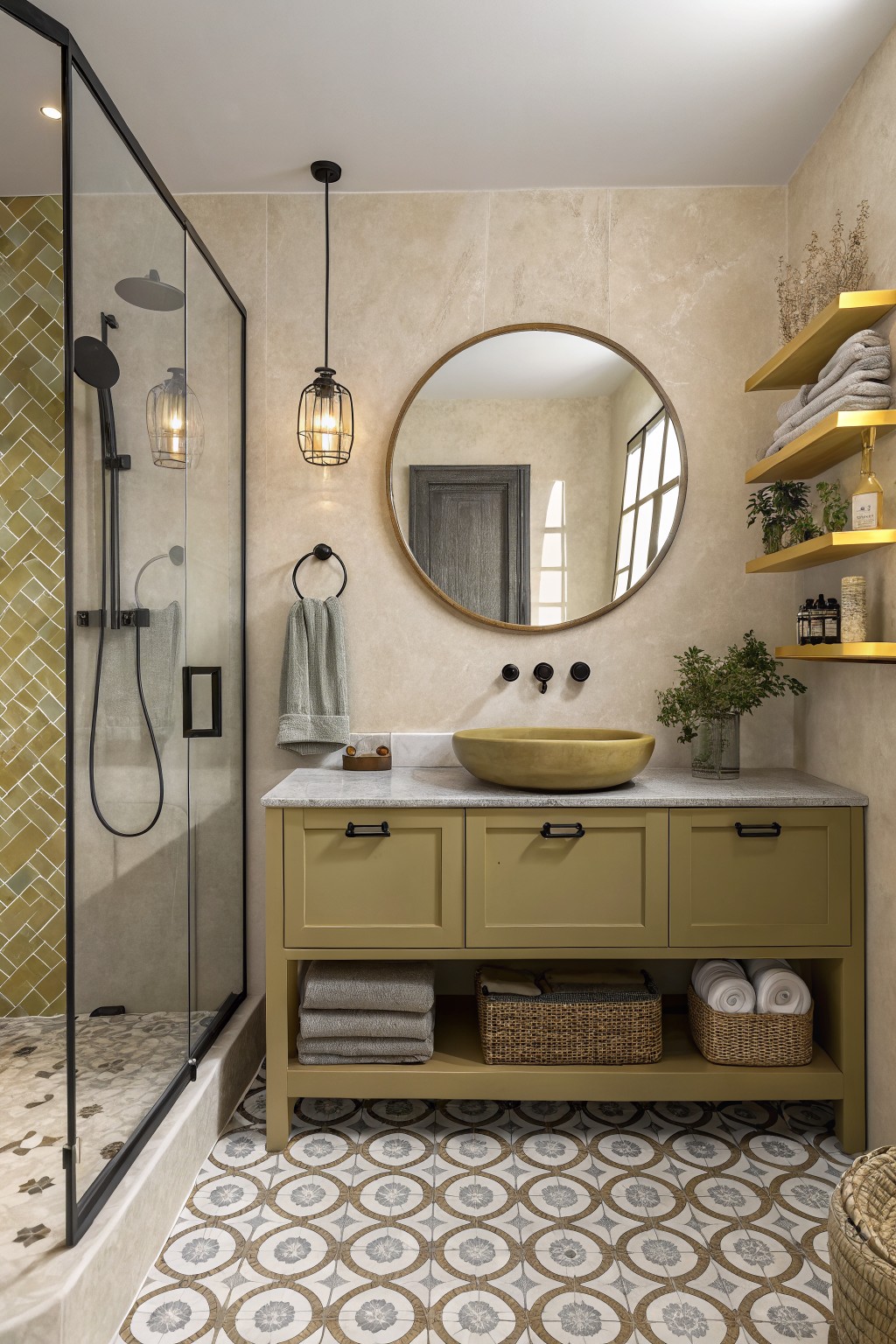 Warm beige walls in a bathroom with an olive vanity and round mirror.