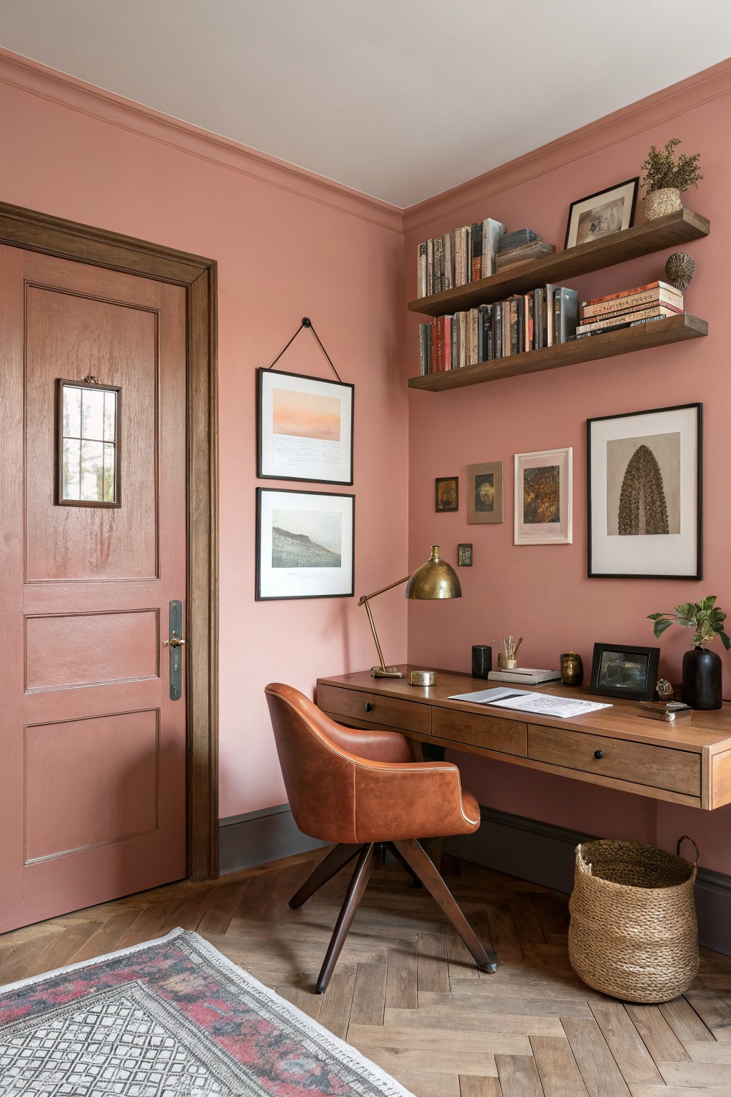 A home office with walls painted in a soft warm pink.
