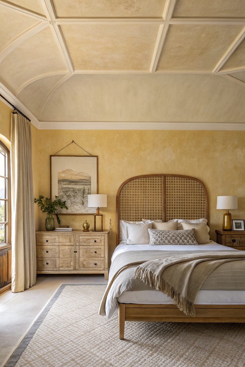 Serene bedroom featuring a woven headboard, warm wall colors, and elegant decor.