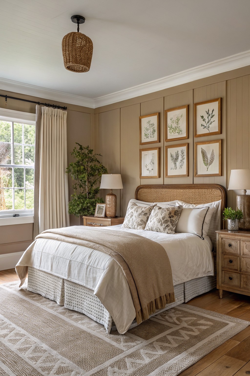 Warm greige walls in a bedroom with wood furniture and layered neutral bedding.