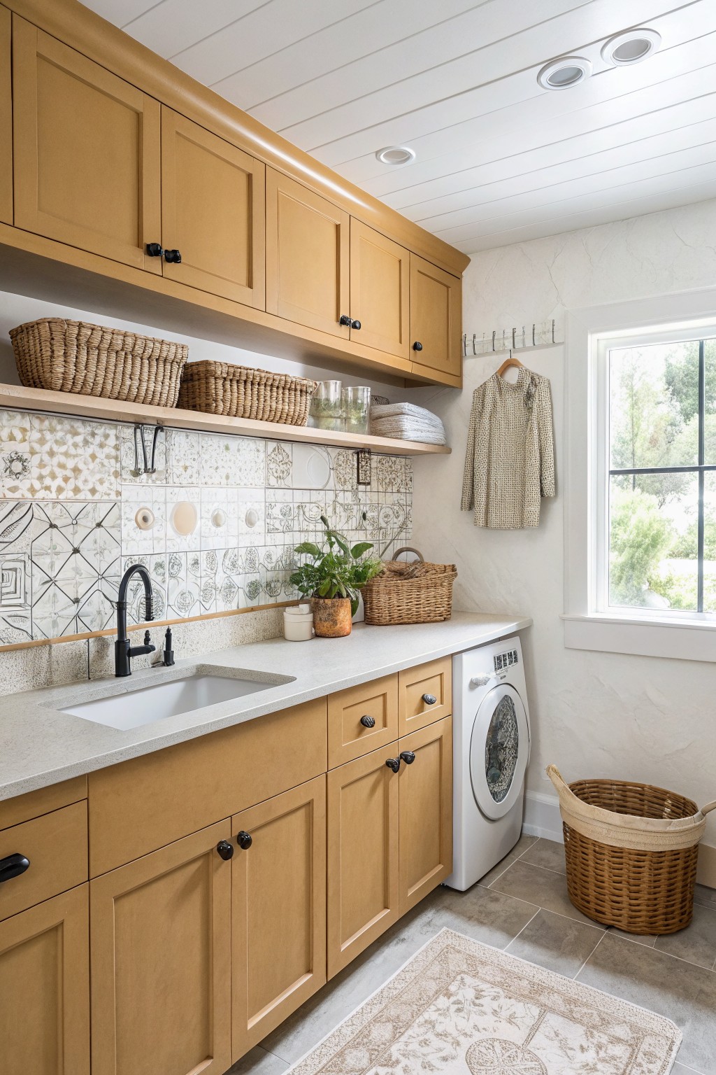 Warm off-white walls in a laundry room with wood cabinets and a utility sink.