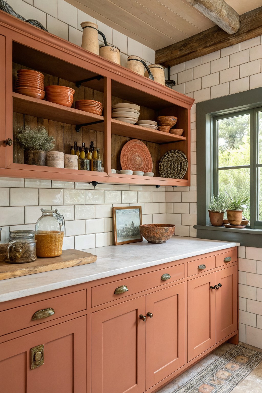 Kitchen with warm terracotta cabinets and white tile backsplash.