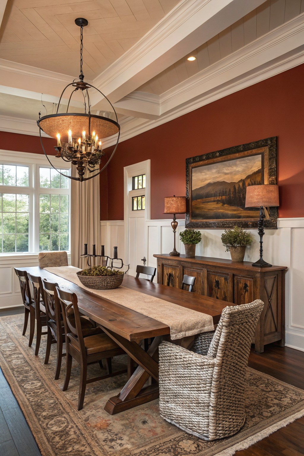 Deep terracotta red walls in a dining room with white trim and a wooden table.