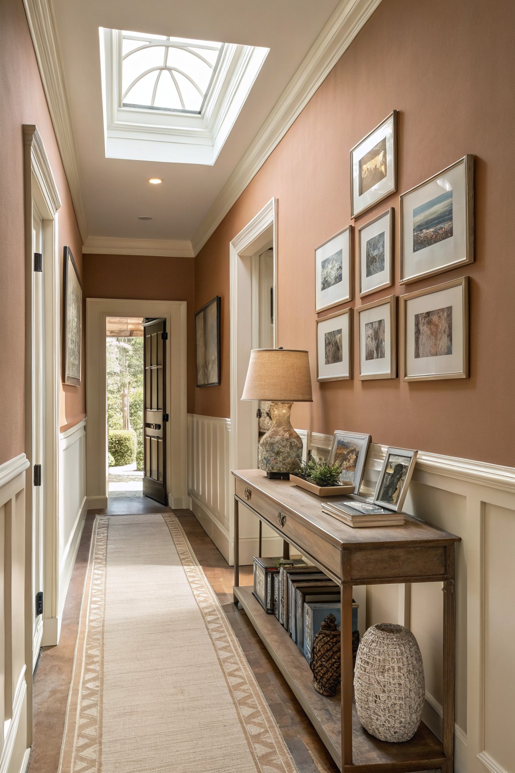 Warm terracotta walls run along a hallway with white trim and a wooden console table.