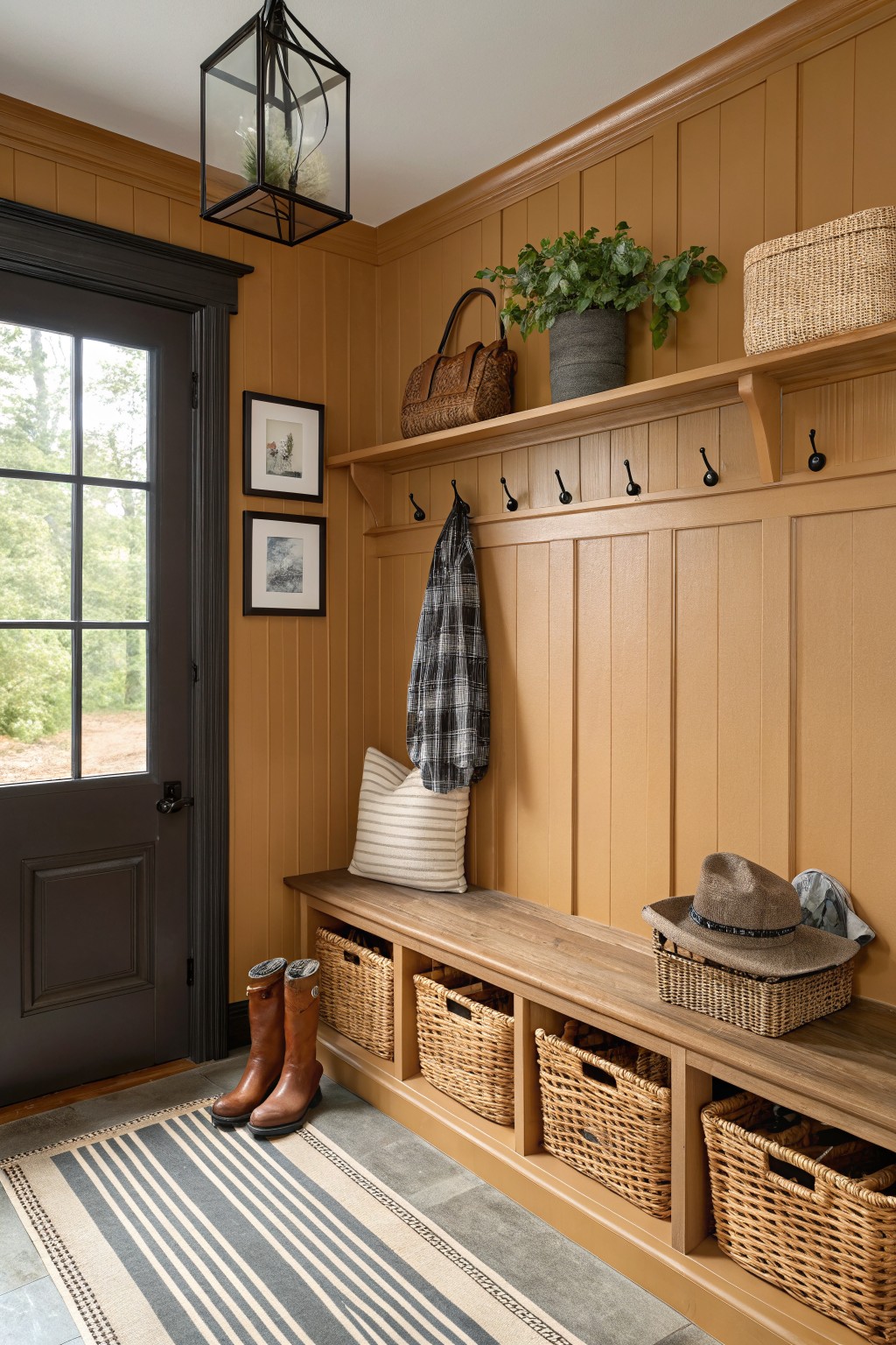 Warm-toned entryway with a bench, decorative baskets, wall hooks, and rustic decor.