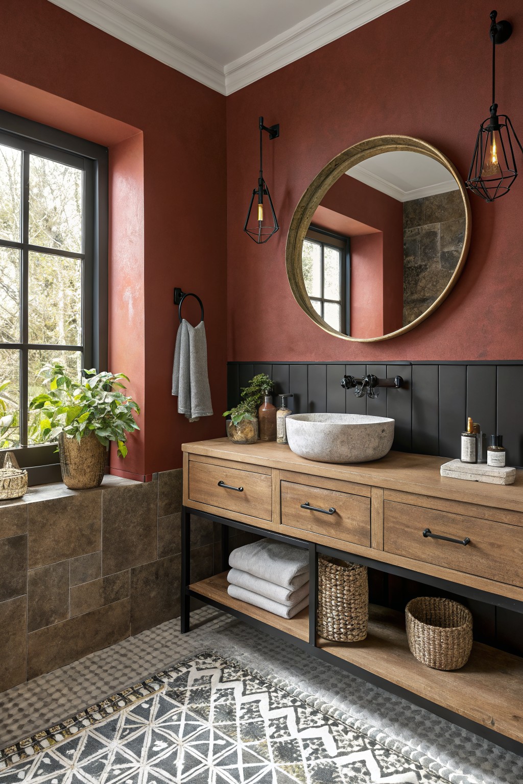 A bathroom with warm terracotta walls and a wood vanity.