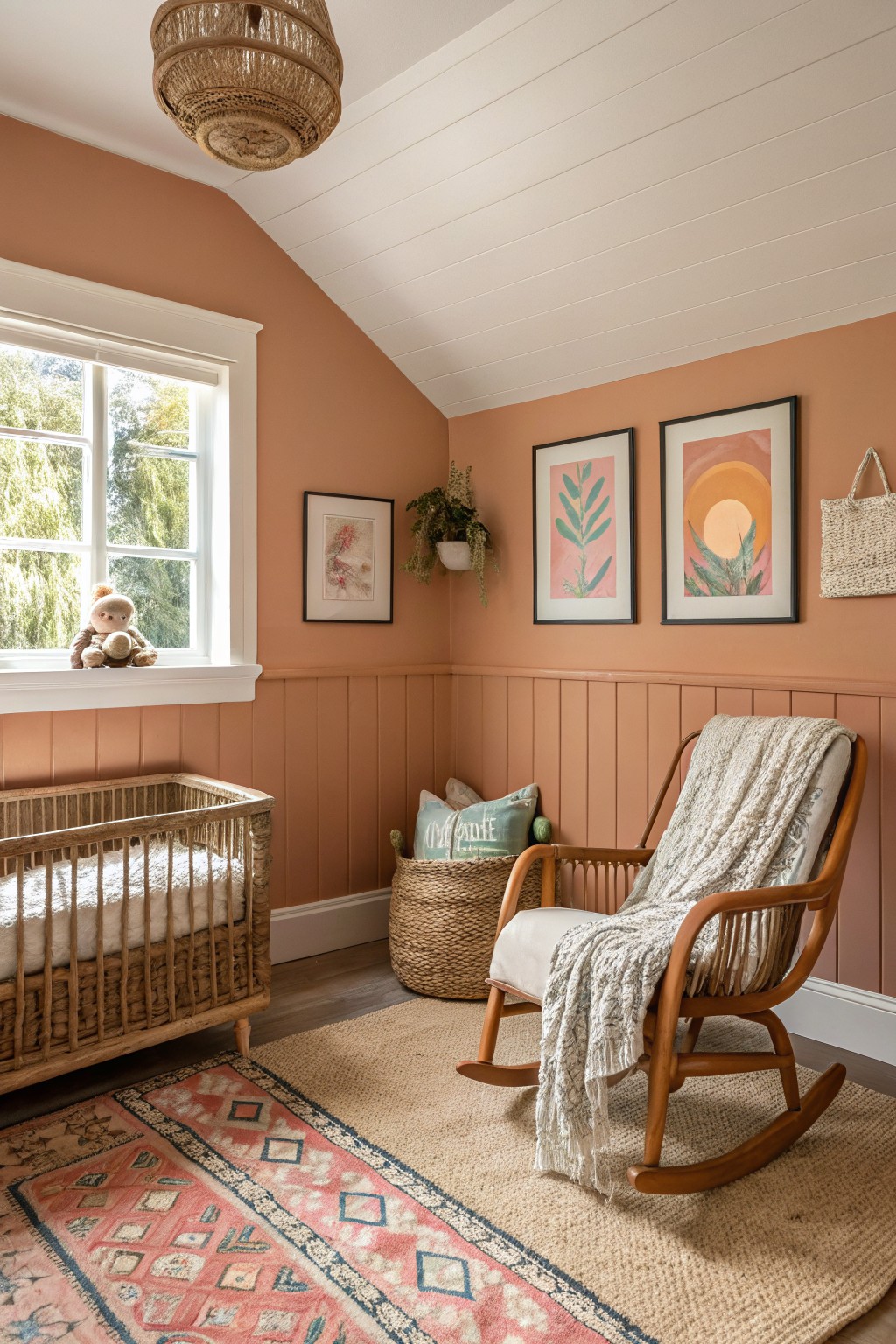 A nursery with warm terracotta walls, a wooden rocking chair, and a woven rug on the floor.