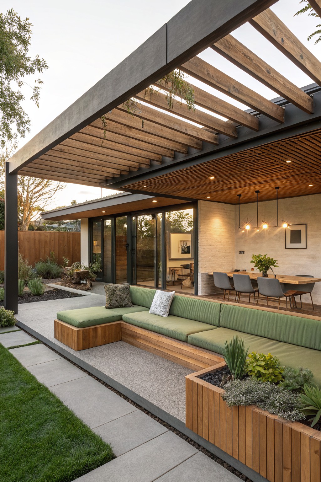Backyard patio featuring a black metal and timber pergola over a large green-cushioned L-shaped wooden bench, with an adjacent dining table, sliding glass doors on a light brick house wall, potted plants, and gravel and grass landscaping.