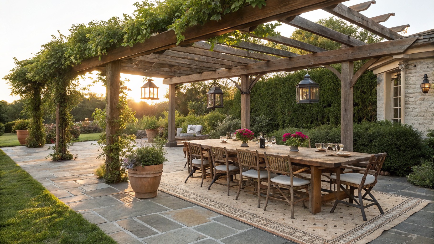 Wooden pergola covered in climbing green vines shading a rustic wooden dining table with chairs and flower arrangements on a stone tile patio surrounded by potted plants, roses, hedges, and trees at sunset.