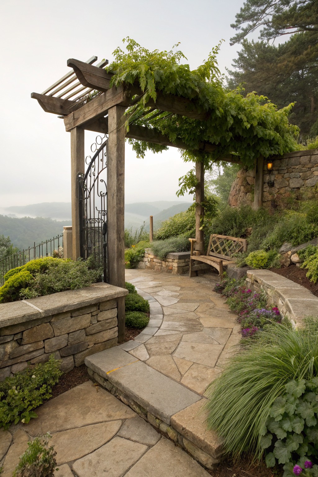 Wooden pergola covered in green leafy vines arches over a black wrought-iron gate flanked by stone walls, with a curved flagstone path, wooden bench, various plants, and a misty valley view in the background.