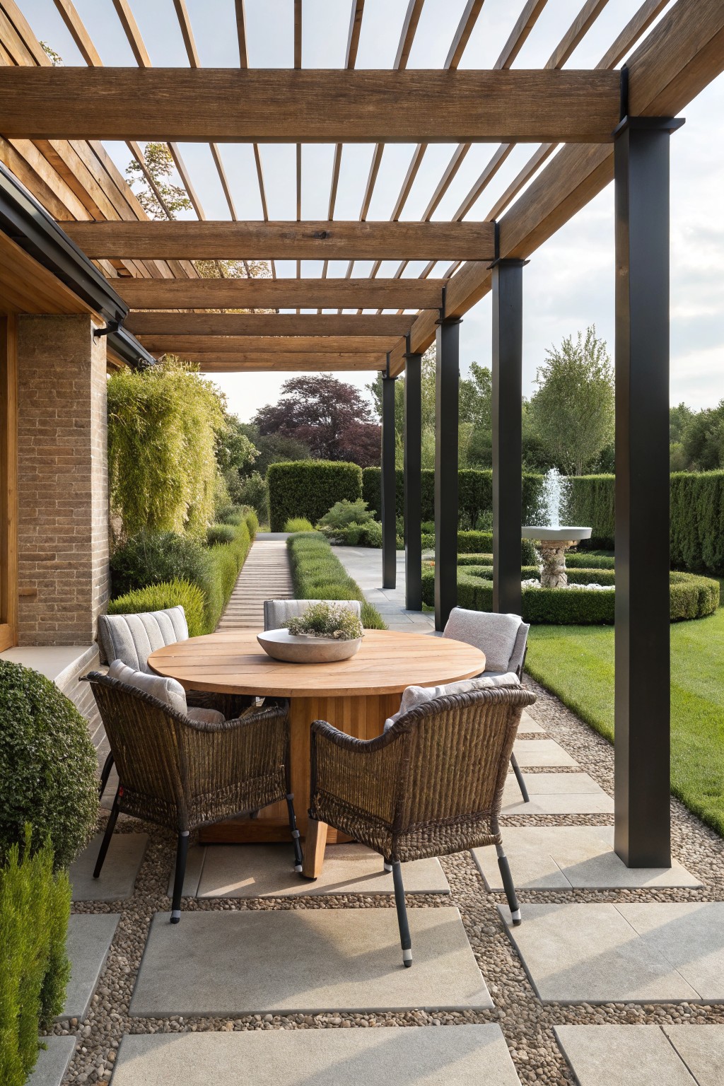 Round wooden dining table with cushioned wicker chairs under a slatted wooden pergola on a stone and gravel patio next to a brick house, with a garden path leading to hedges and a fountain.