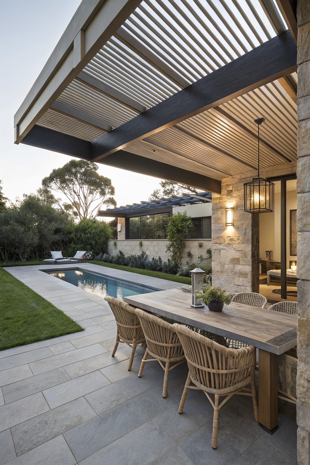 Backyard pool area featuring a narrow in-ground pool, wooden dining table with rattan chairs under a slatted beige pergola extending from a stone house wall, with potted plants, lounge chairs, and surrounding lawn and trees.