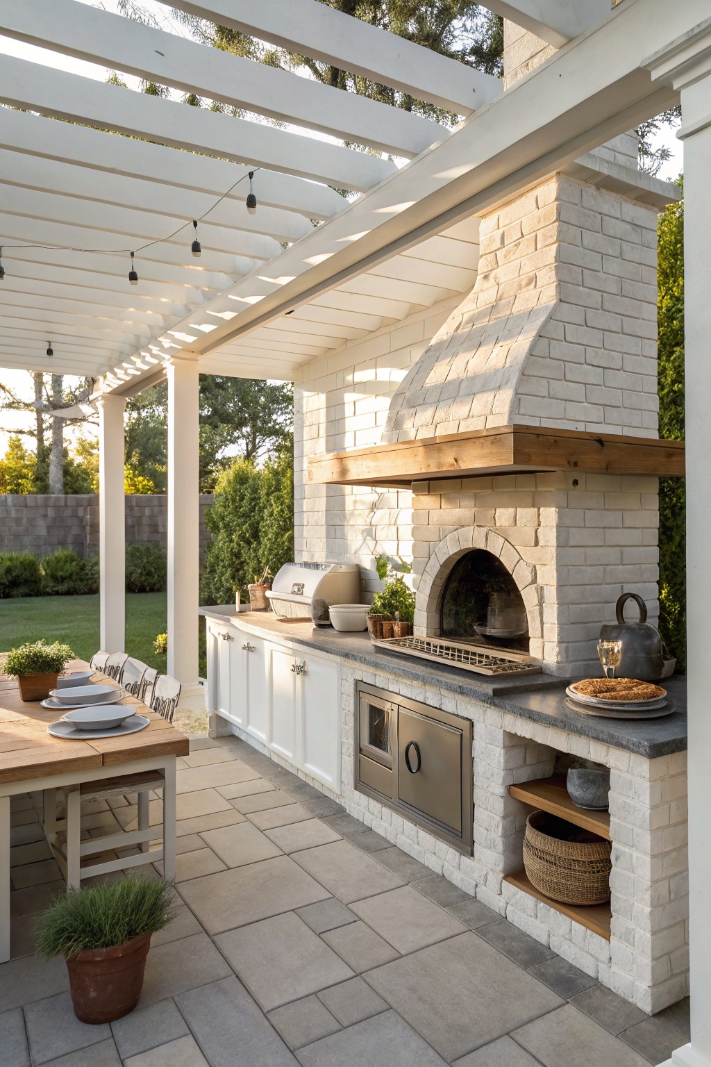 Outdoor patio under white wooden pergola with beige brick pizza oven, stainless steel grill on gray countertop with white cabinets, wooden dining table with white chairs, potted plants, and string lights on tiled floor.