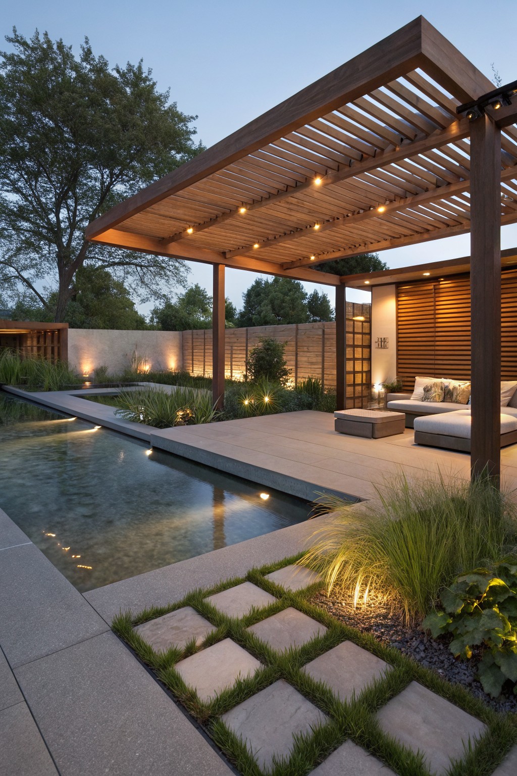 Wooden slatted pergola shading an outdoor lounge area with white cushions next to a lit narrow pool, surrounded by grasses, stepping stones, and a wooden wall in a backyard at dusk.