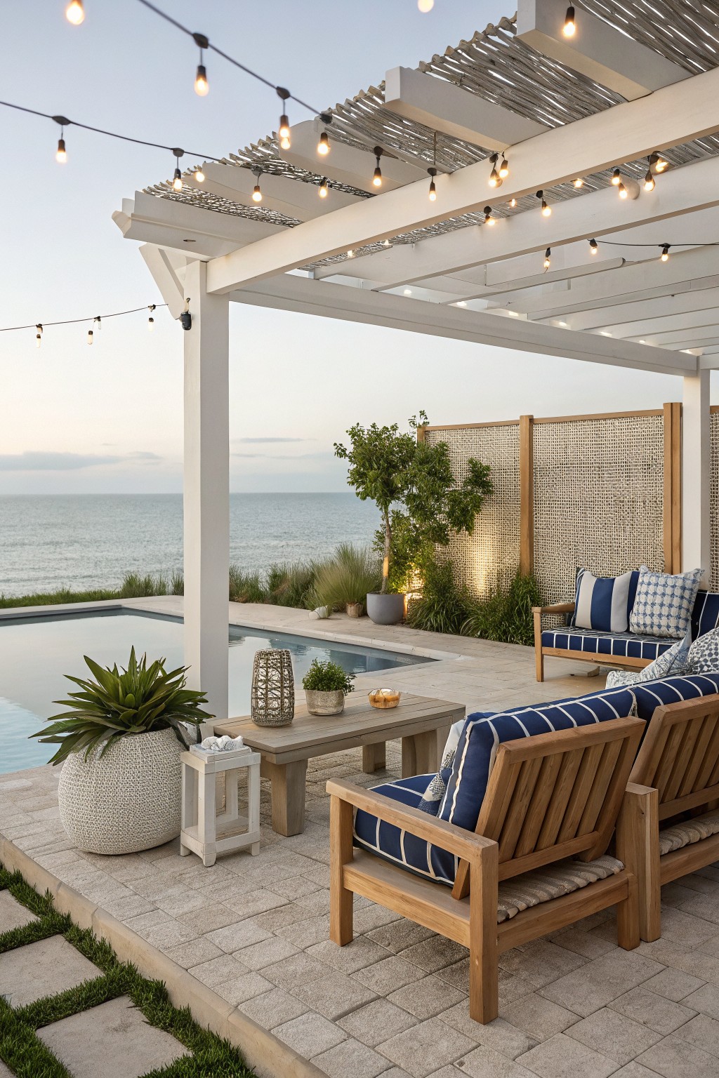 White pergola with reed ceiling and string lights shading a poolside deck with teak sofas, blue cushions, potted plants, and an ocean view beyond.
