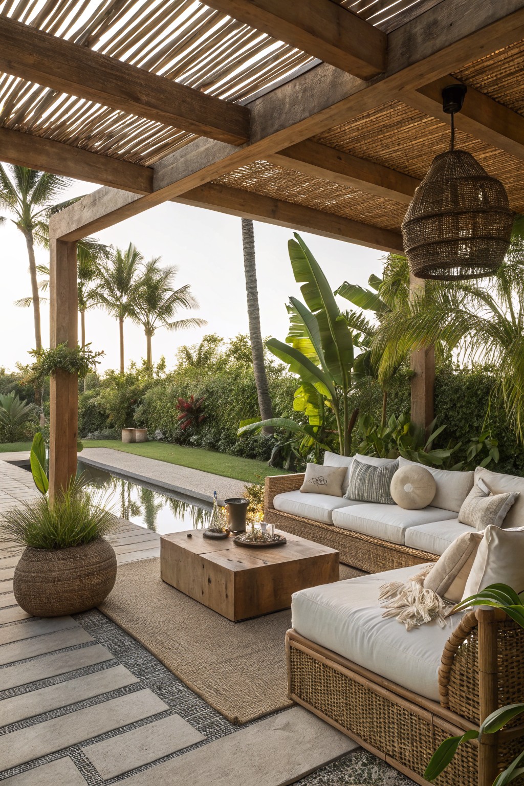 Outdoor seating area under a bamboo-thatched pergola beside a narrow pool, featuring a beige rattan sofa with white cushions and pillows, wooden coffee table, potted plants, and tropical greenery with palm trees in the background.