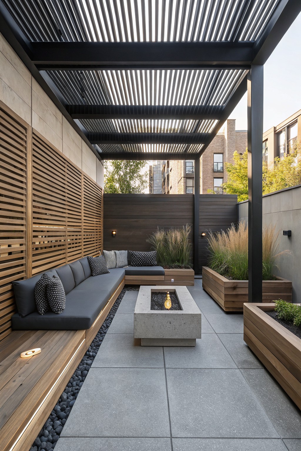 Rooftop terrace under black slatted metal pergola with L-shaped built-in wooden bench seating, concrete fire pit in center, wooden privacy screens, potted grasses in wooden planters, and gray concrete pavers with pebble borders.