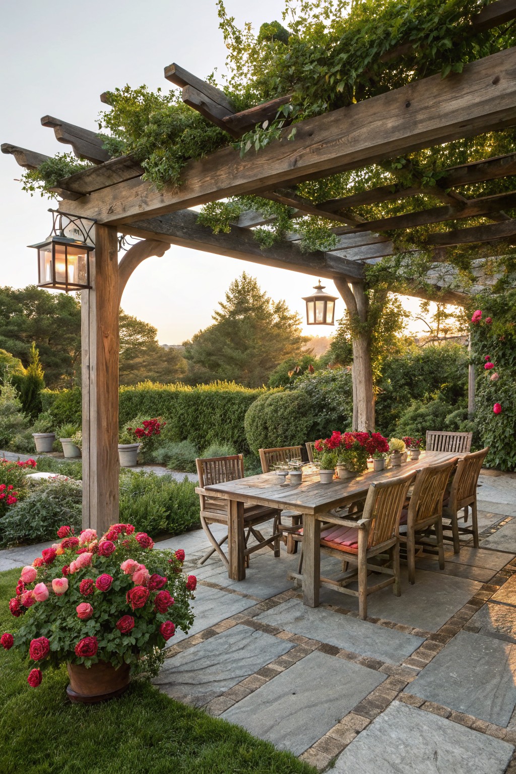 Wooden pergola covered in climbing green vines shading a rustic wooden dining table with chairs and flower arrangements on a stone tile patio surrounded by potted plants, roses, hedges, and trees at sunset.