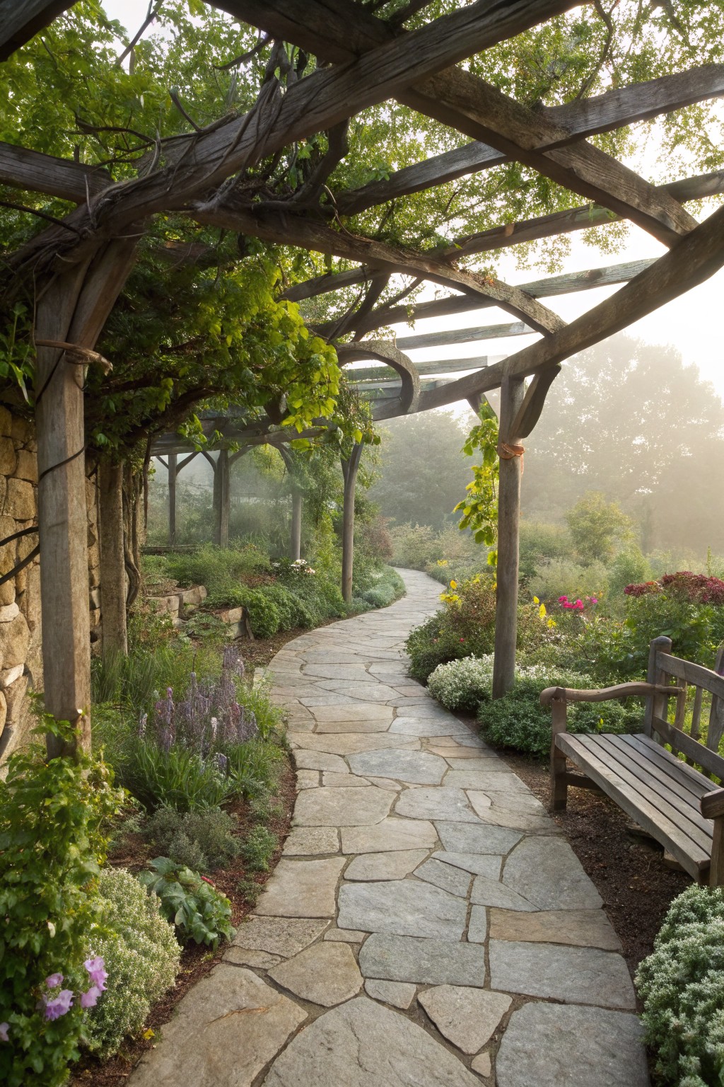 A curved flagstone path winds through a lush garden under a wooden pergola draped with green vines, flanked by colorful flowers, plants, and a wooden bench in soft morning light.