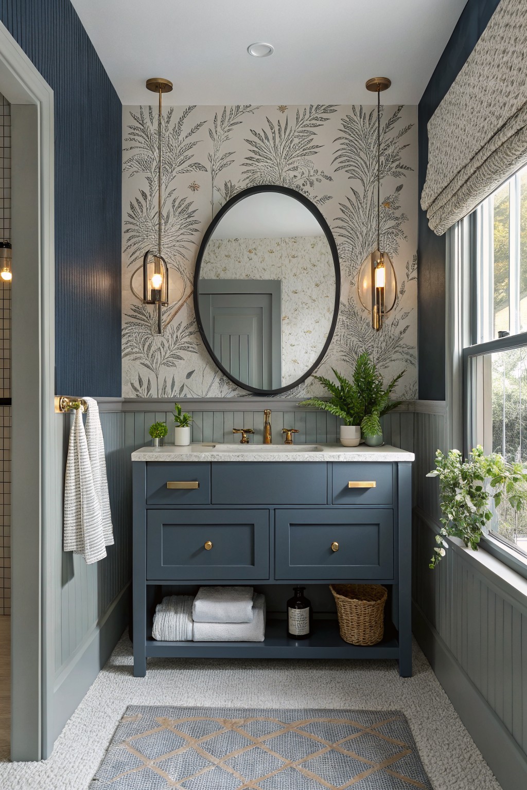 A muted blue gray vanity