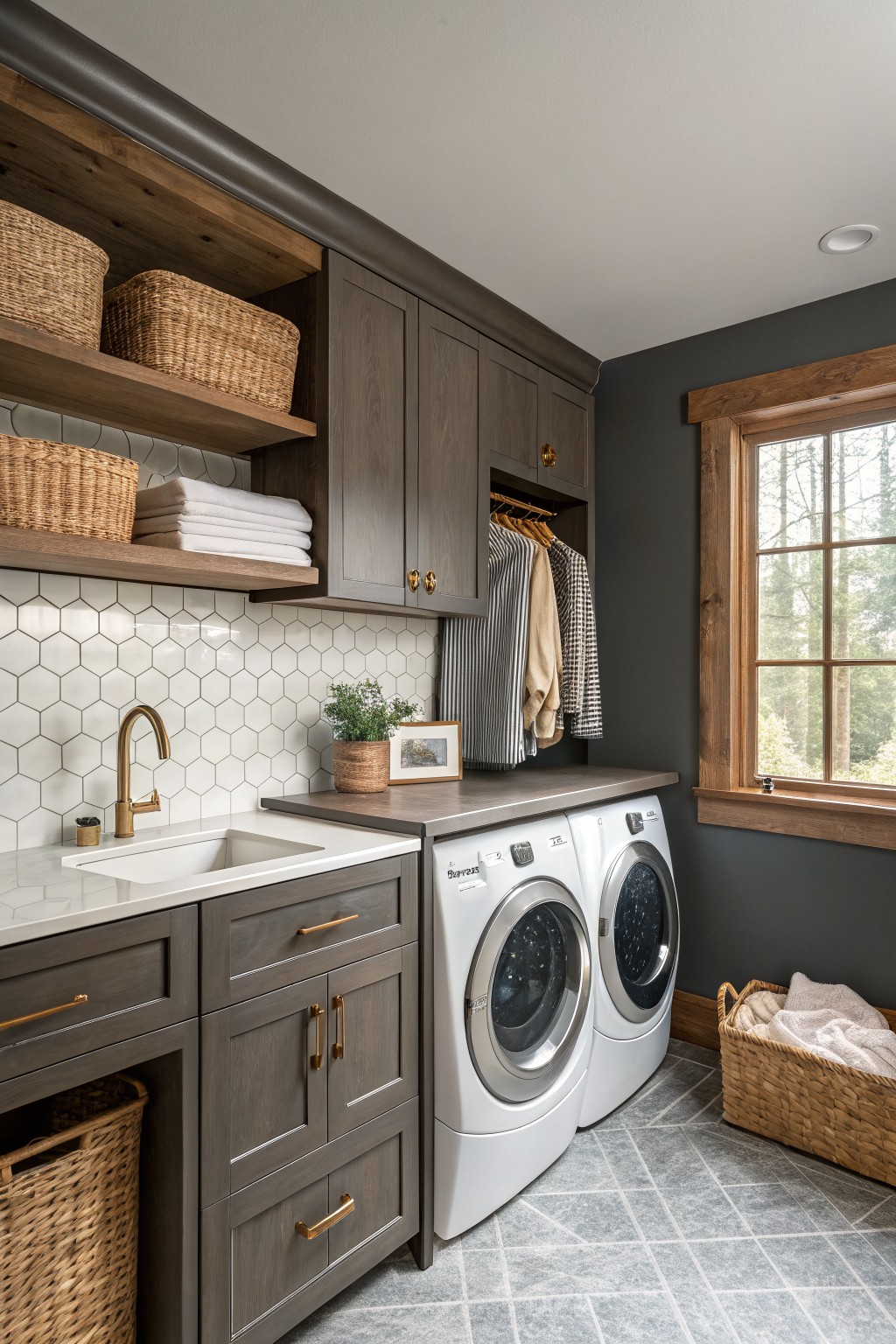 A laundry room with dark charcoal gray walls and wood cabinetry.