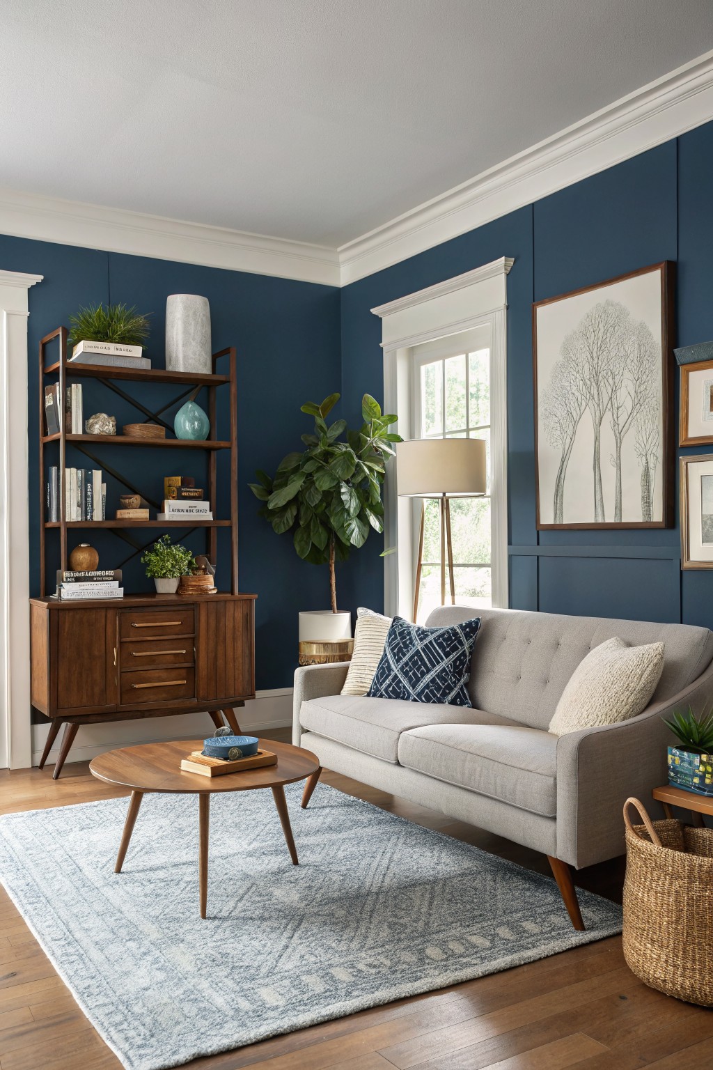 A living room with deep navy blue walls and white trim.