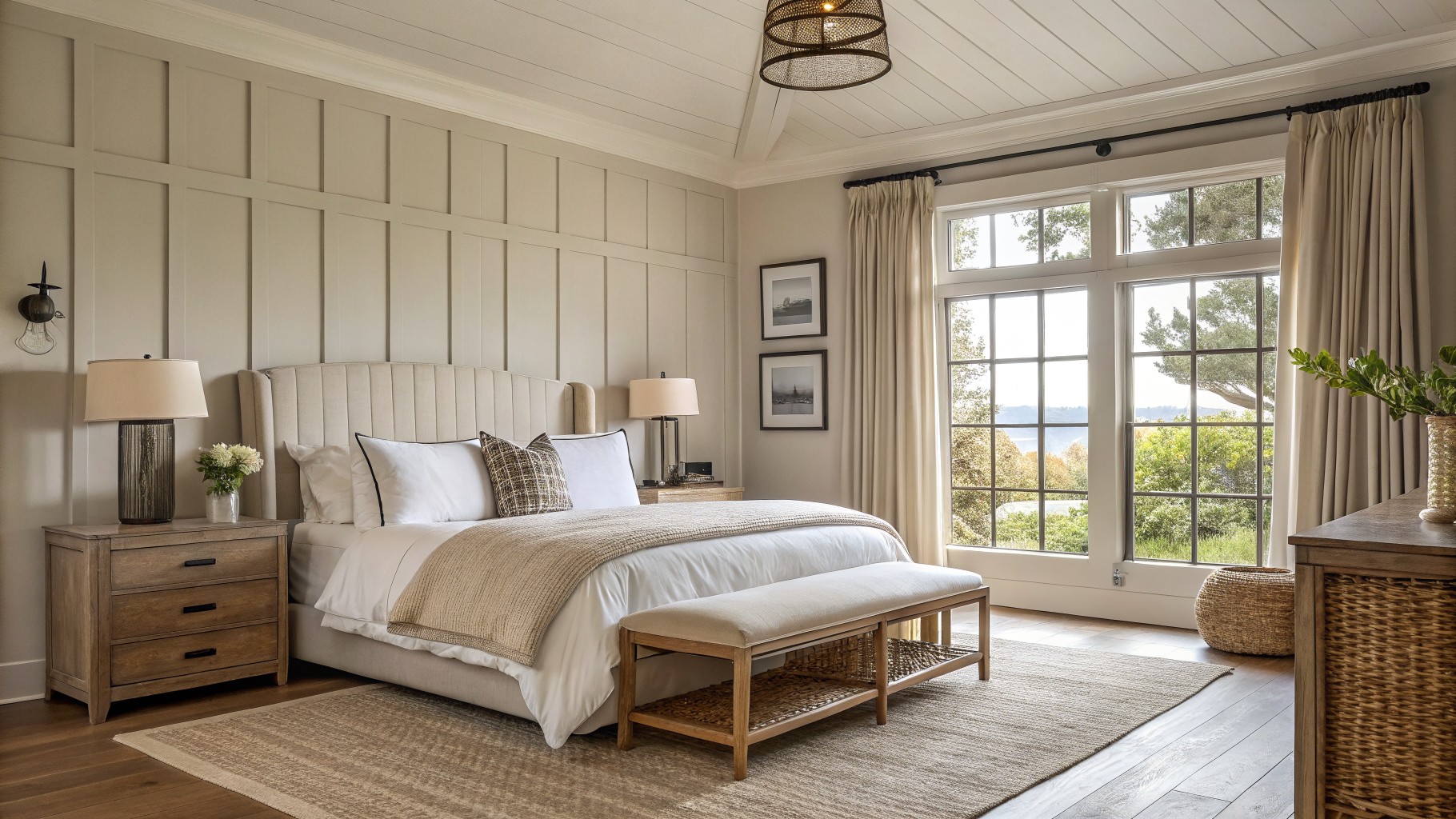 A bedroom with soft beige walls and light wood paneling.