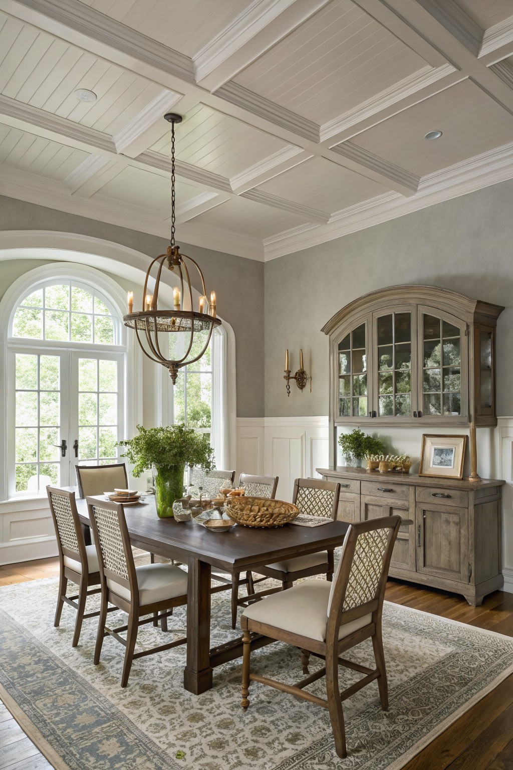 Light greige walls in a dining room with white trim and a dark wood table.