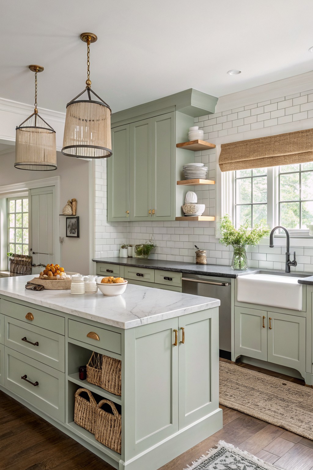 Soft sage green cabinets in a kitchen with white marble counters and subway tile.