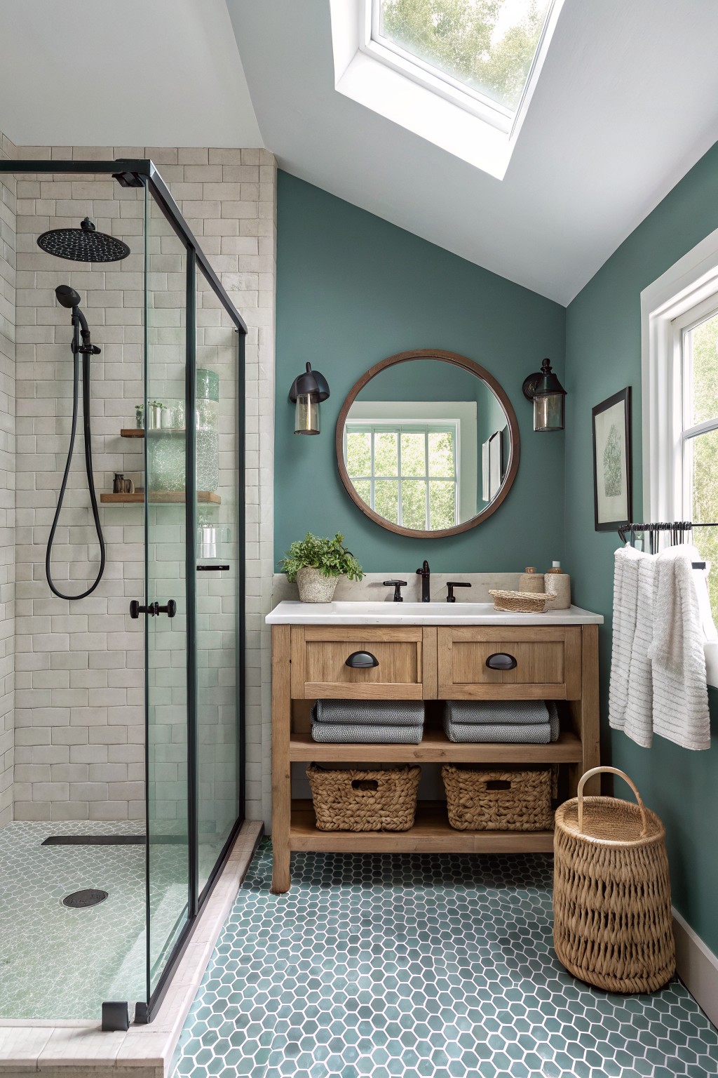 Teal walls in a bathroom with a wood vanity and glass shower enclosure.