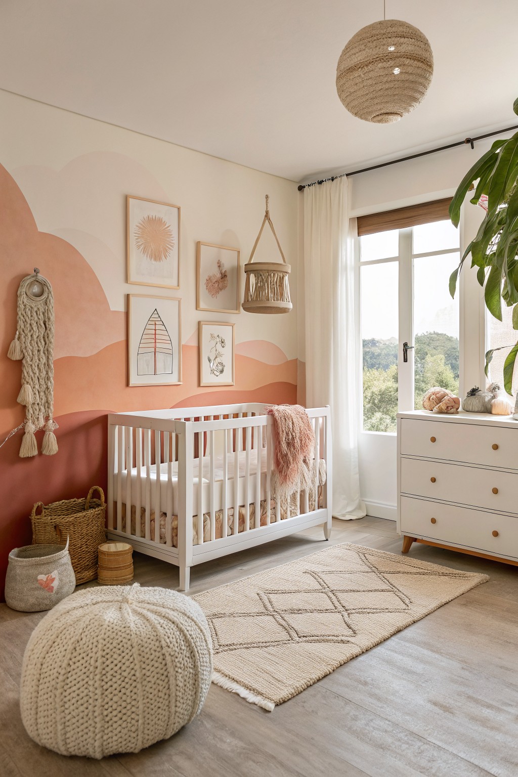 A nursery with warm terracotta walls painted in soft abstract shapes and a white crib in front.