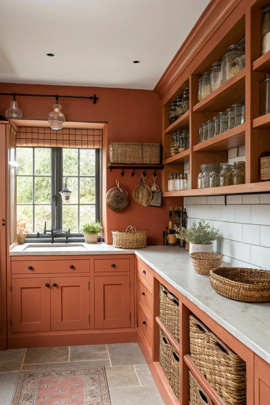A kitchen with terracotta painted walls and matching cabinets beside a window.
