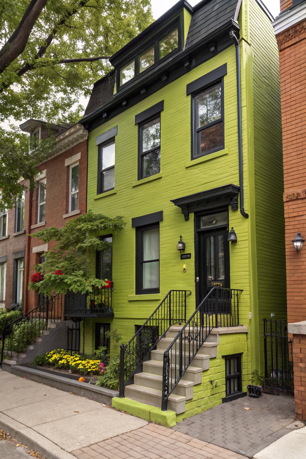 A bright lime green house with black trim and a dark roof.