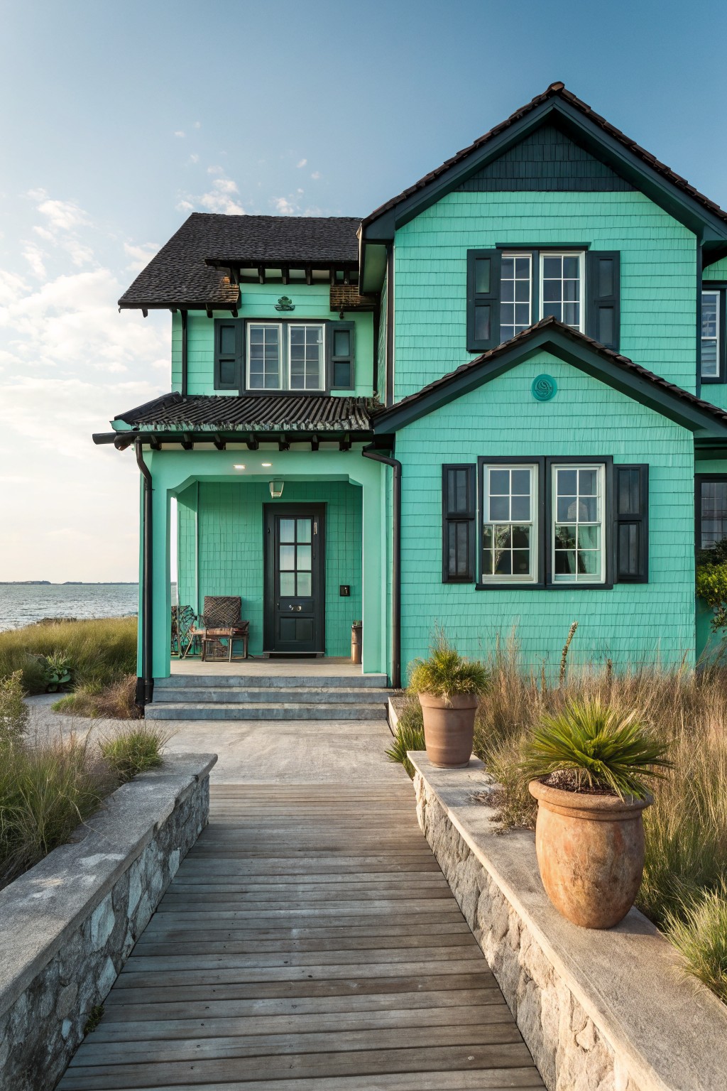 Turquoise green house siding with a black roof and a wooden walkway leading to the front porch.