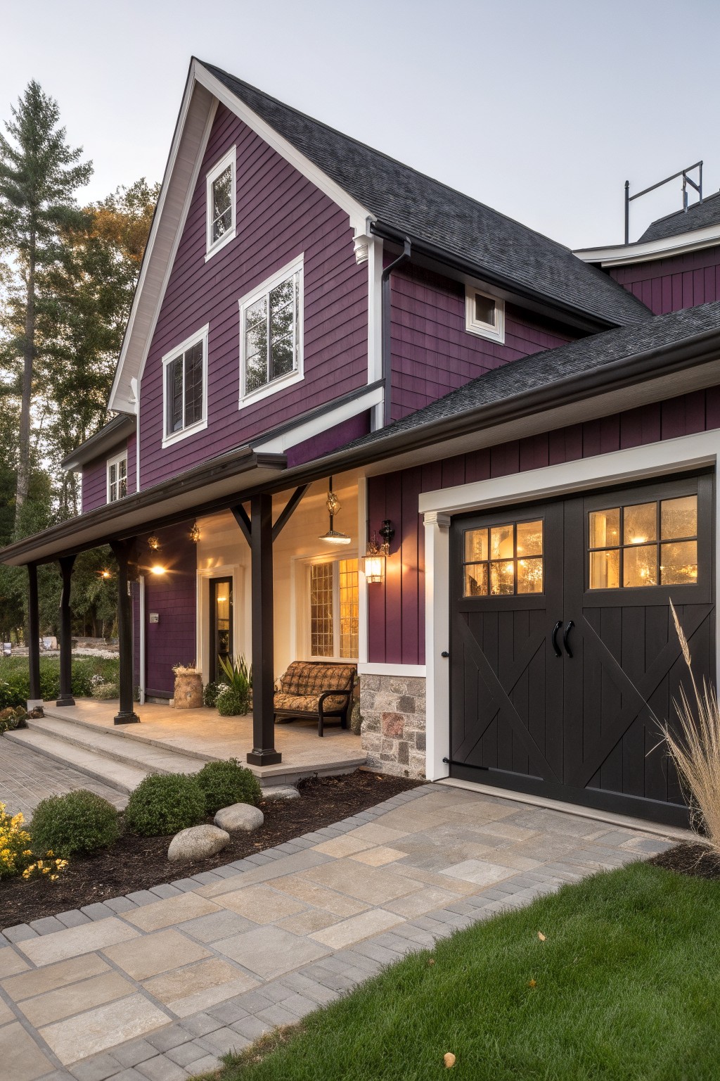 A house exterior with deep purple siding and a black roof.
