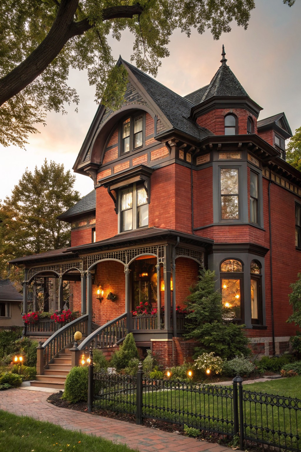 A red brick house exterior with black roof and trim.