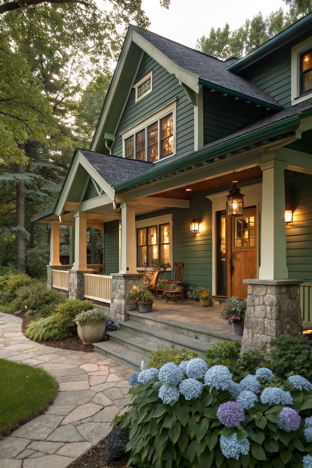 A house exterior painted in deep muted green siding with a black roof and stone porch columns.