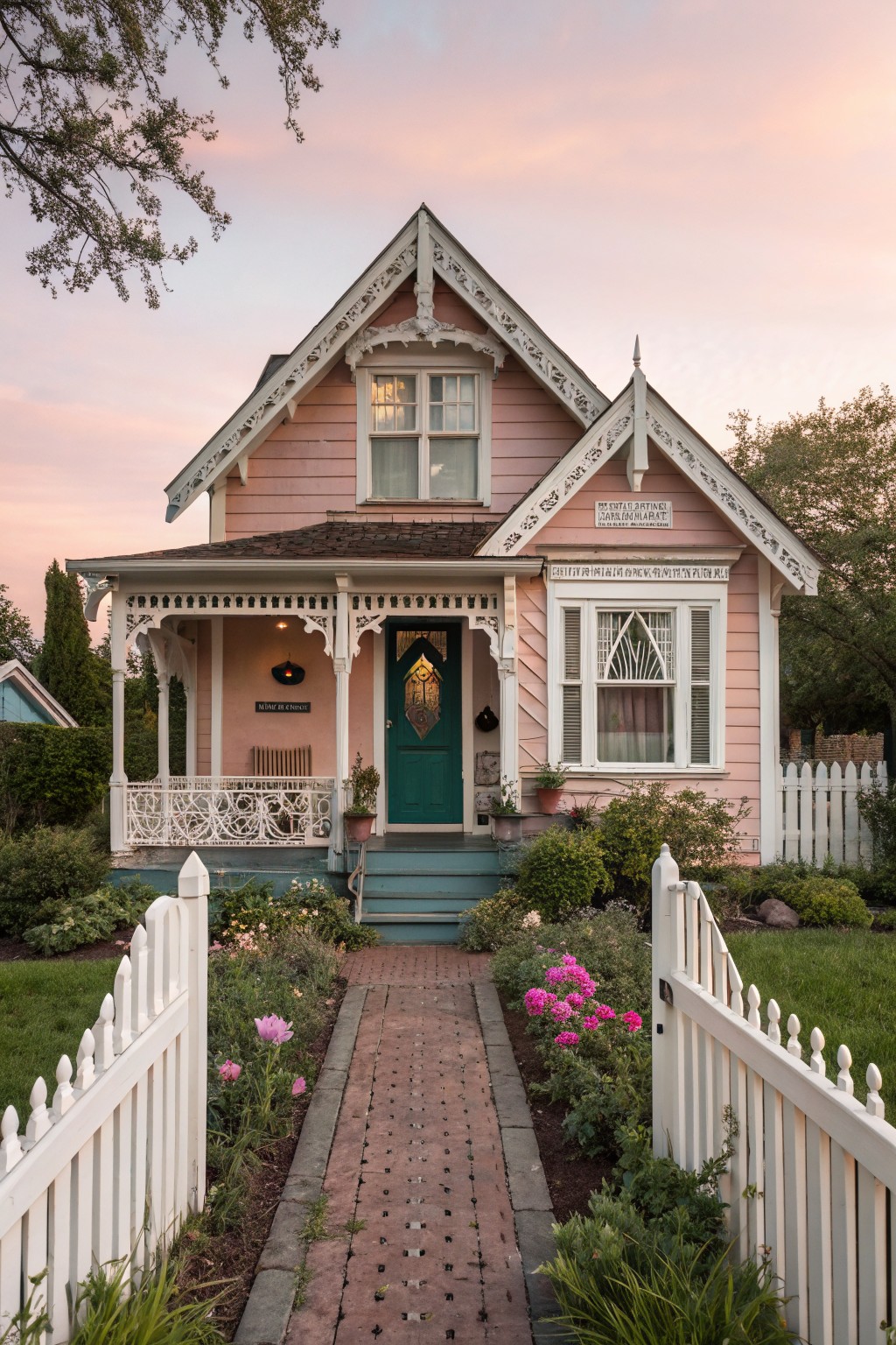 A soft pink house with white trim and a brick front path.