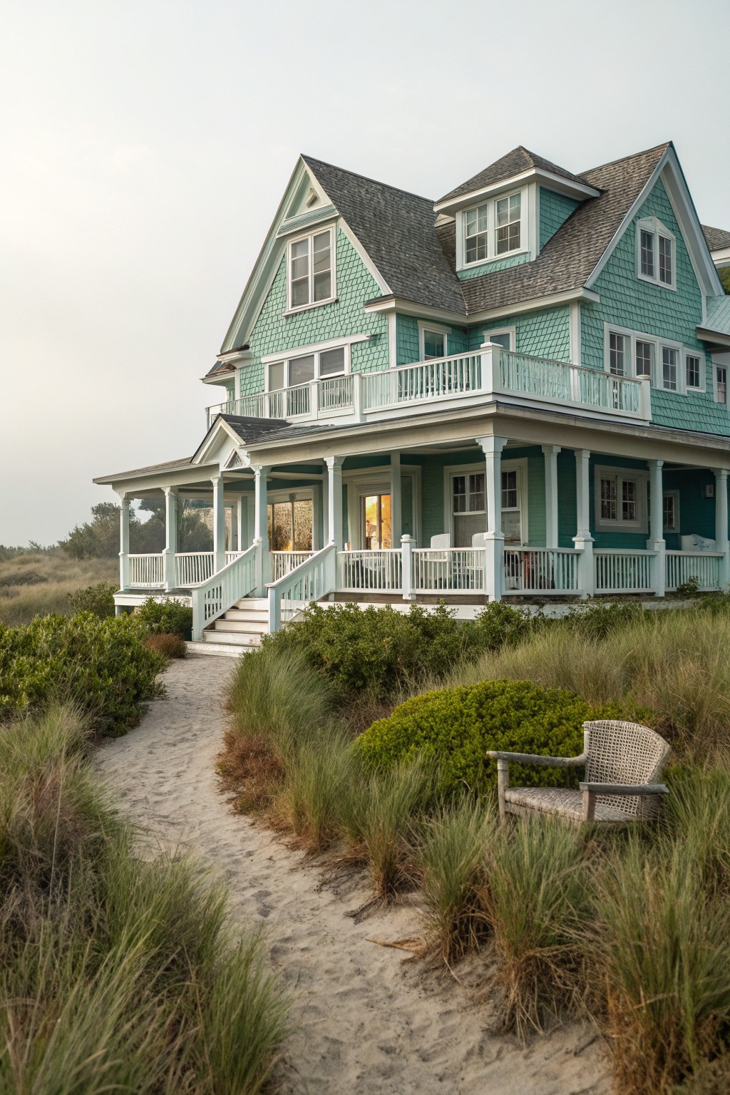 A two-story house with soft teal green siding and white trim next to a sandy path.