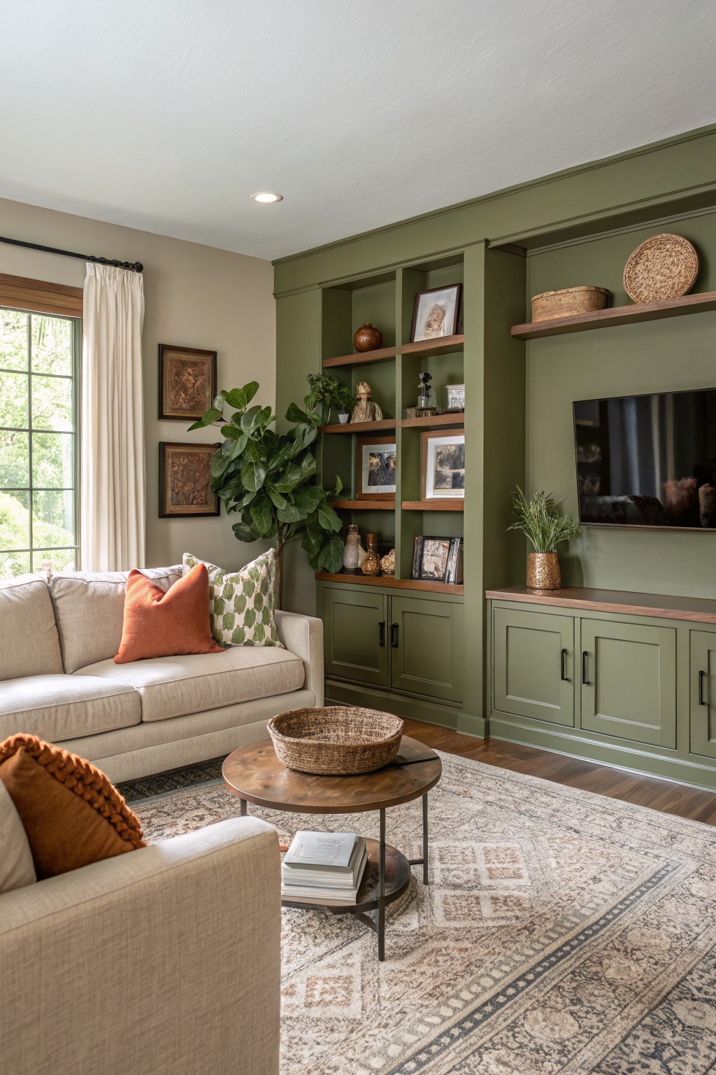 A muted sage green living room