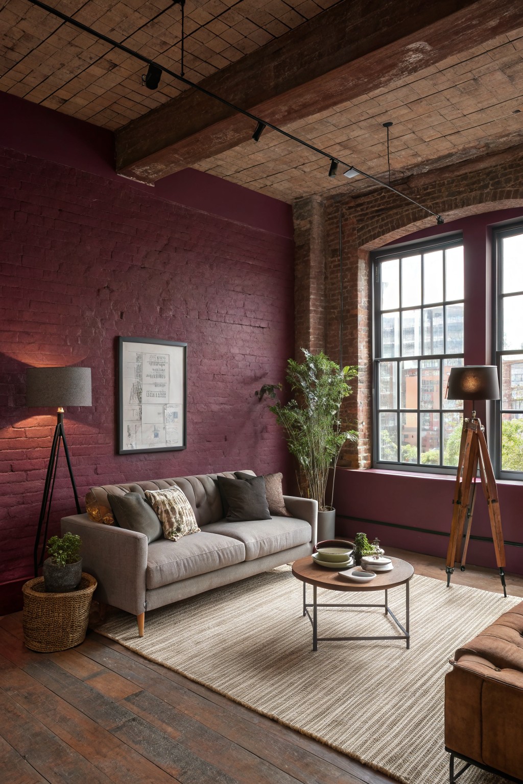 Living room with deep plum painted brick walls and wood flooring.