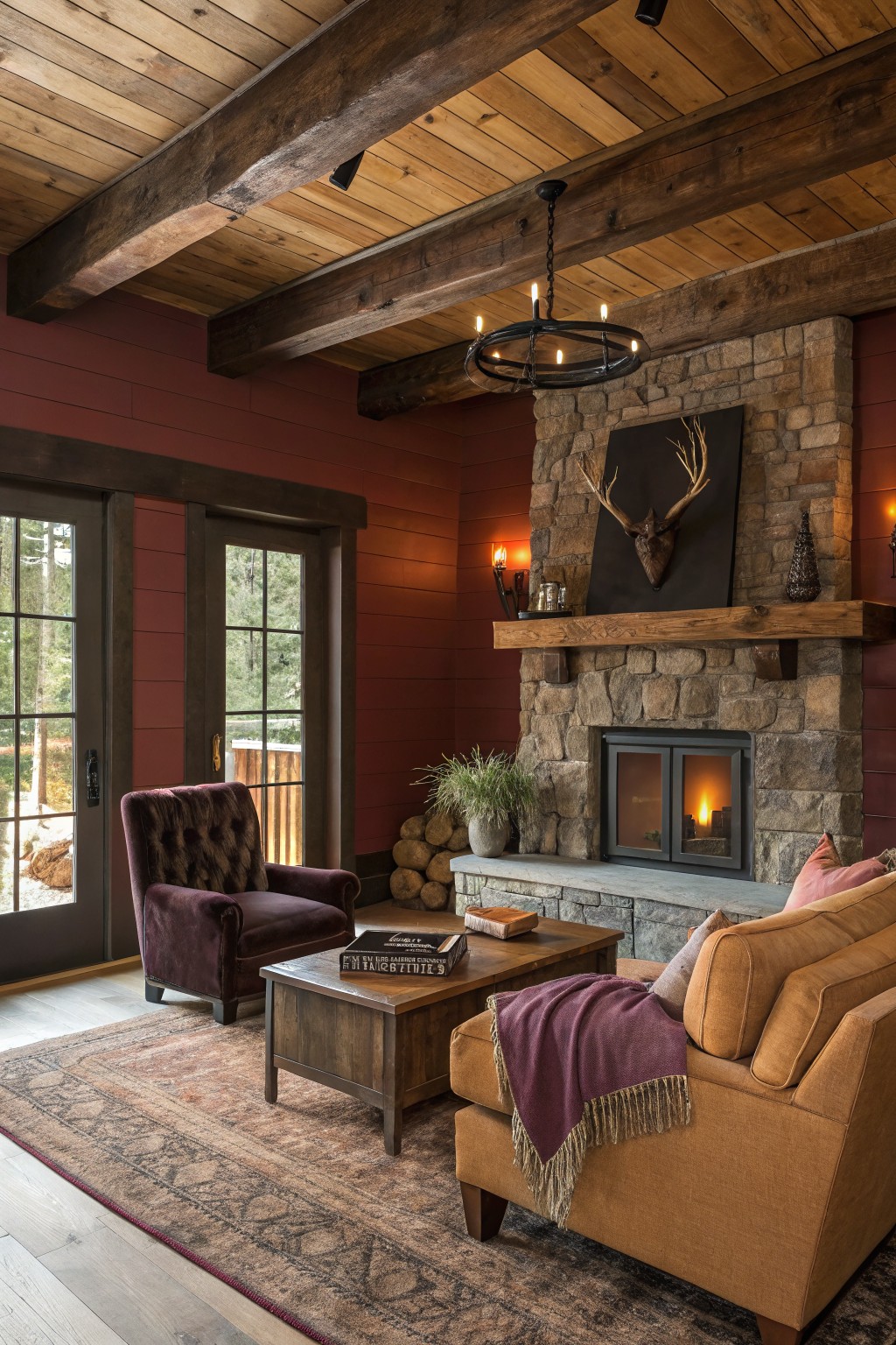 Deep red painted walls in a cozy living room with wood beams and a stone fireplace.