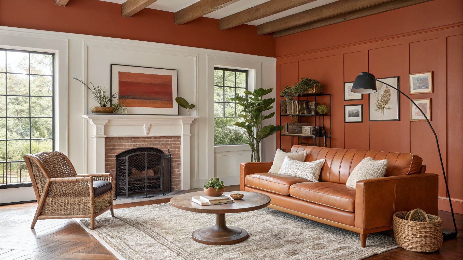 A living room featuring warm terracotta walls paired with white wainscoting.