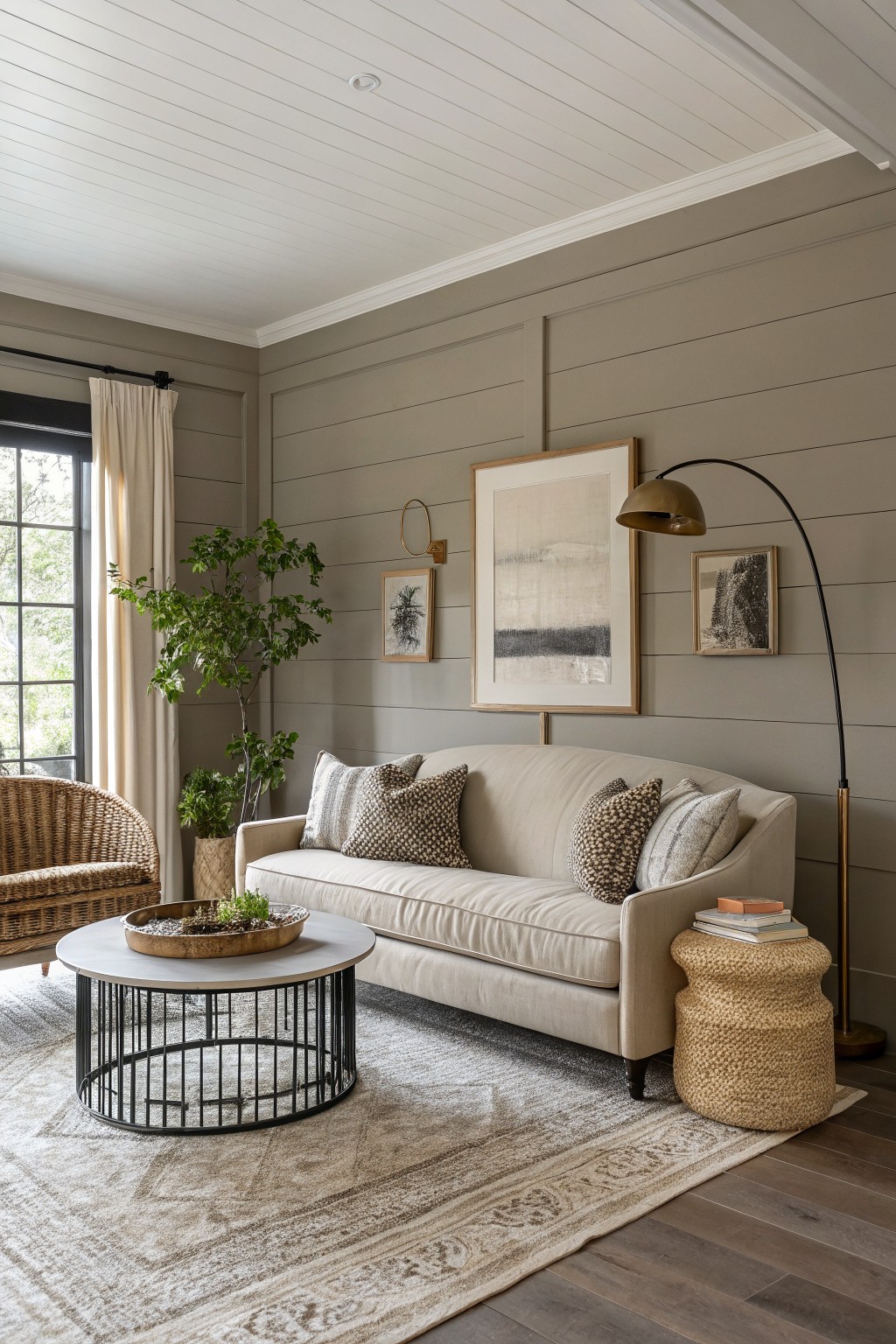 Living room with soft greige walls and neutral seating.